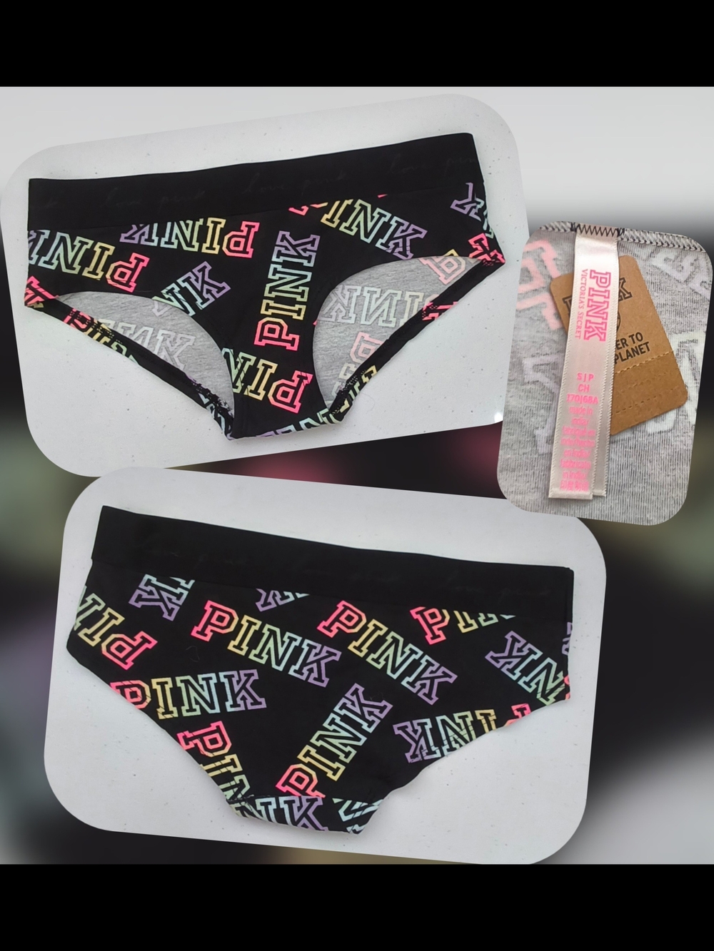 PINK Victoria's Secret Black Hipster Panties with Multicolor Logo Print Size Sm